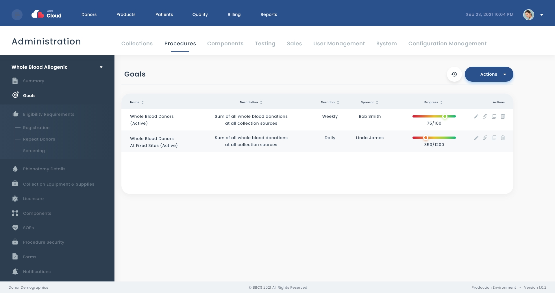 Goals screen with navigation in the left pane, and a table of configured goals in the right pane.