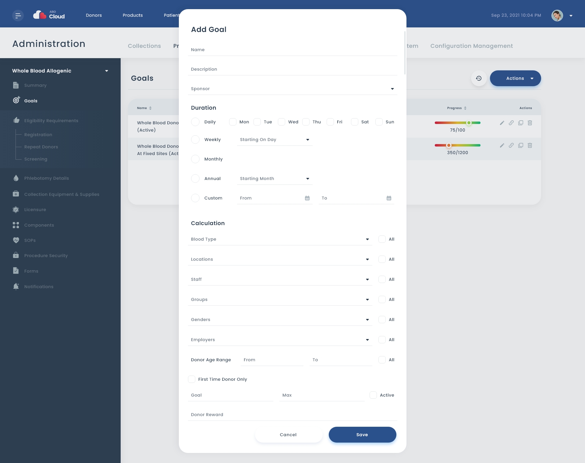The Add/Edit goals screen with configurable parameters related to creating a goal.