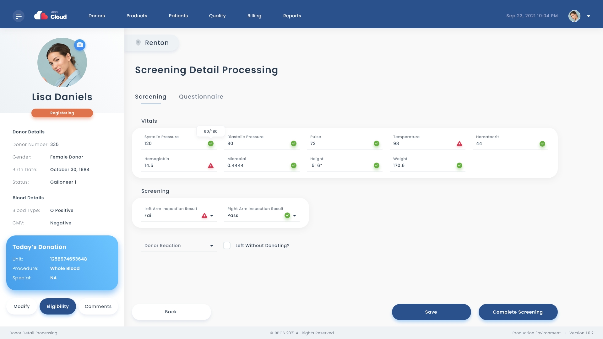 Screening detail processing screen. Displays general donor information on the left pane, and screening details that need to be captured the the physical portion of donor screening.