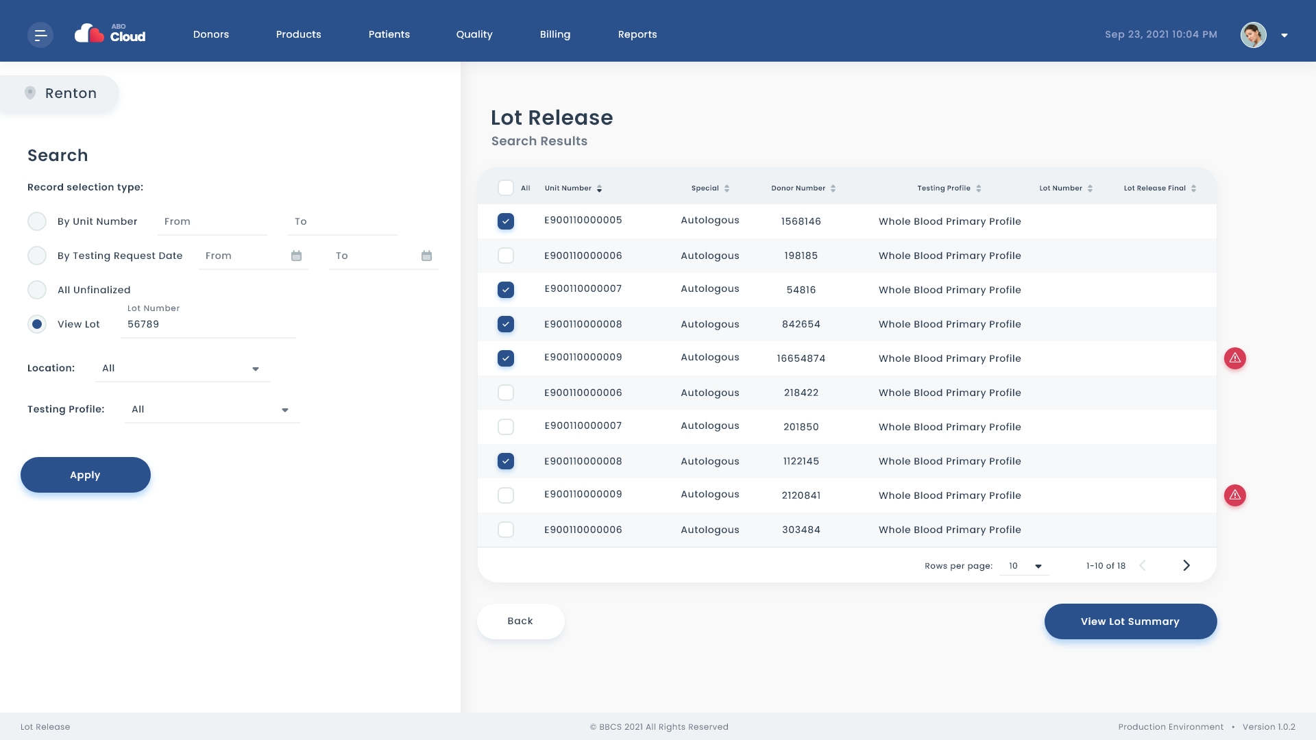 Lot release screen with search filters on left and results on right.