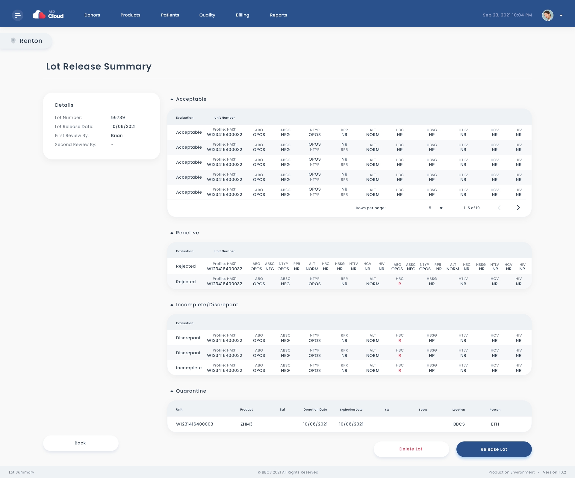 Lot Summary screen for final review and release of lot
